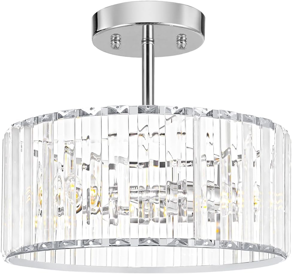 Modern Crystal Ceiling Light, Chrome Semi Flush Mount Ceiling Lighting Fixture, Hallway Light Fixtures Chandelier for Kitchen, Bedroom Dining Room Hallway Closet, 3-Light, 12 Inch