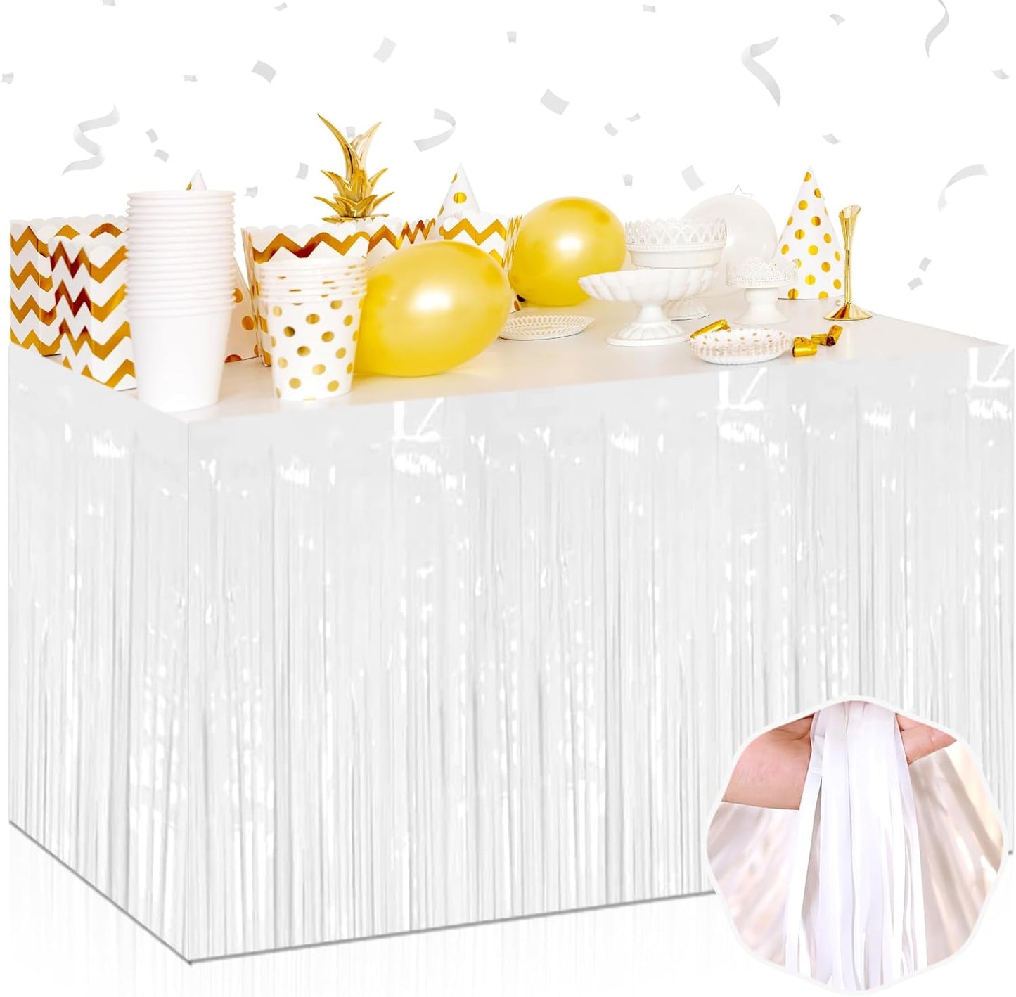 3 Pack 29 x108 Inch Macaron White Foil Fringe Table Skirts Metallic Banner for Tinsel Streamer Garland Backdrop for Parade Floats Wedding Thanksgiving Birthday Christmas New Year Party Decoration