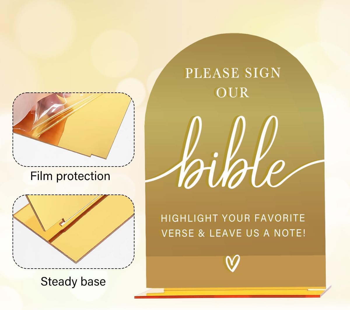 Acrylic Wedding Sign, Bridal Shower Decorations, Please Sign Our Bible Sign for Ceremony, Modern Font Table Signs, Gold Mirror Arched Acrylic Tabletop Signs for Wedding Reception and Event Party