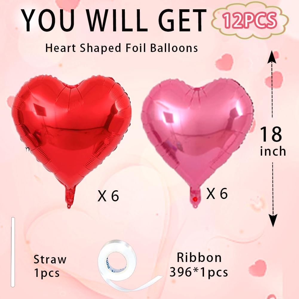 18inch Pink Heart Balloons,6Pcs Bright Pink Heart Shaped Foil Balloons & 6Pcs Red Helium Mylar Balloon for Anniversary Wedding Engagement Birthday Party Baby Shower Decorations(12Pcs)