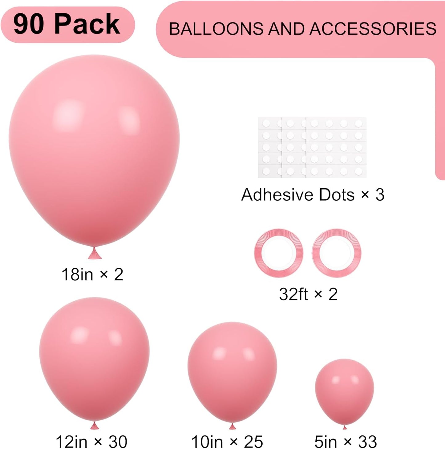 90pack Retro Pink Balloons Different Size 18/12/10/5 Inch Pink Balloon Garland Arch Kit for Graduation, Wedding, Birthday, Princess Theme Party, Baby Shower, Anniversary Party Decorations