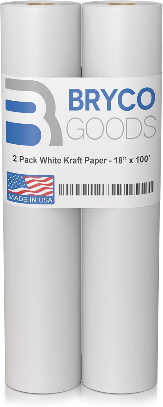 Bryco Goods 18”x1200” (100’) White Kraft Paper Roll - Pack of 2 - Easel Paper for Arts & Crafts, Floor Covering, Packaging, Gift Wrapping, Bulletin Boards - Made in The USA