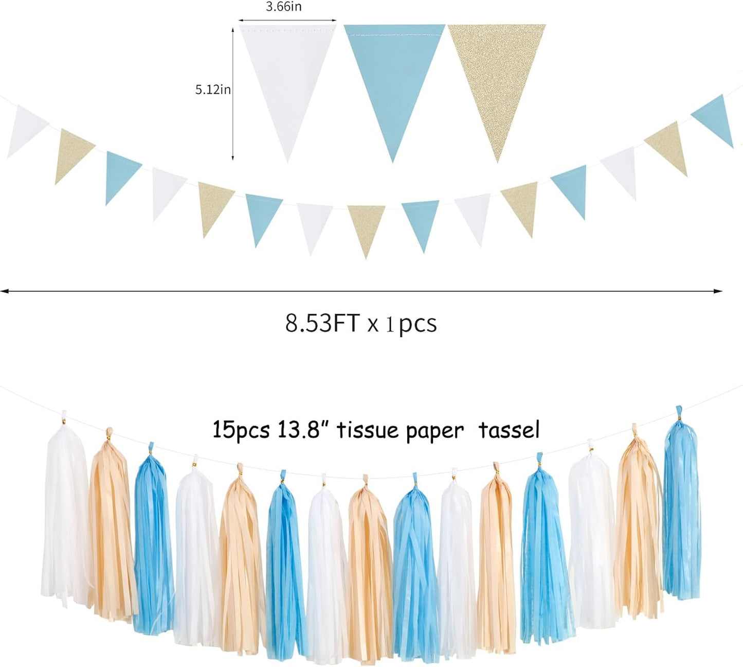 Light-Blue White Boho Champagne-Gold Party-Decorations - 23pcs Boy Birthday Baby Shower Paper Tissue Pom Poms Streamers,Tassel Garland Banner,Bachelorette Bridal Wedding Dusty Decor Lasting Surprise