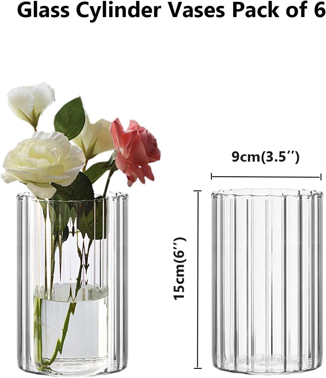 Glass Cylinder Vases Set of 6 Clear Ribbed Glass Vases for Flowers,6 inch Tall Modern Floating Candle Vase Decor, Decorative Hurricane Candle Holders for Home Wedding Table Centerpieces Decor