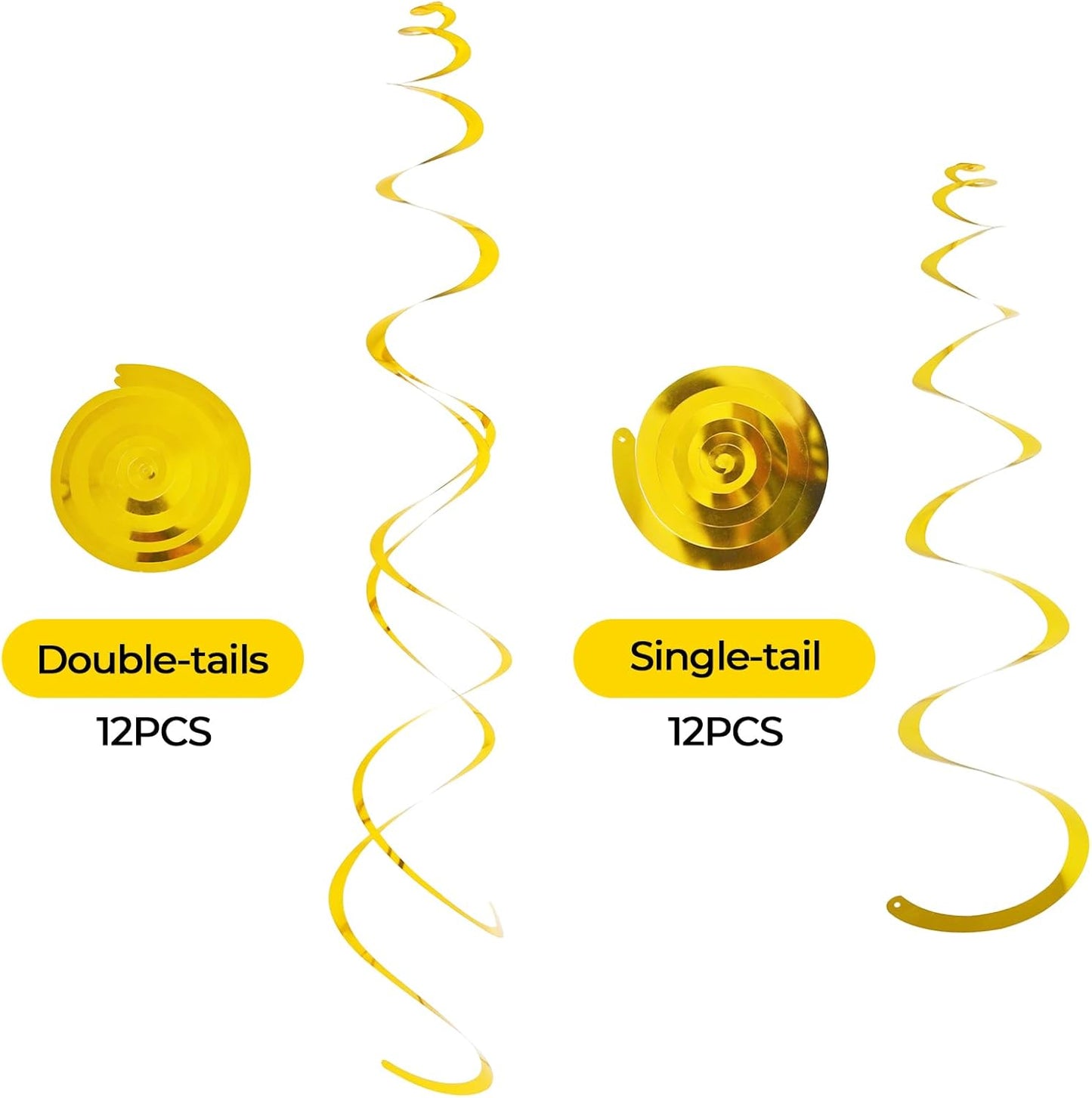 24 PCS Gold Foil Hanging Swirl, Sparkle Ceiling Hanging Decorations, Plastic Streamer Party Decorations, Swirl Decorations with Double-Swirls and Single-Swirls for Birthday, Baby Shower, Christmas