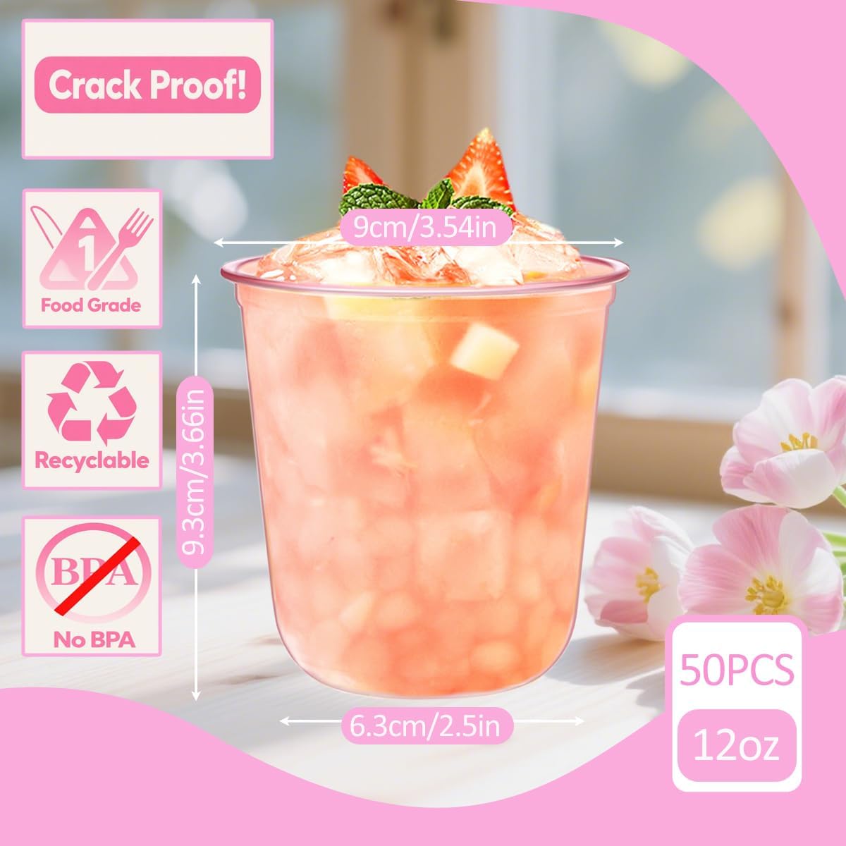 50Pcs Disposable Plastic Stemless Glasses,12oz Plastic Drinking Cups Wine Glasses for Cocktail Martini Party Cups for Birthday,Wedding,Meeting,Valentines,Christmas Holiday Party (50, Pink)