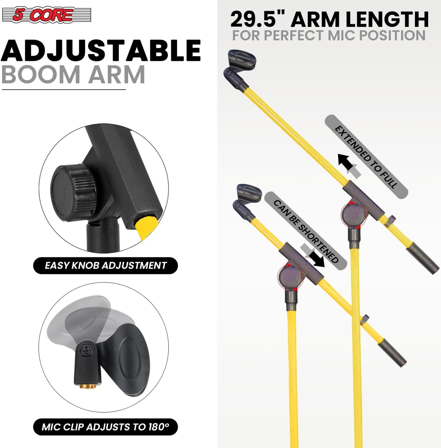 5 Core Tripod Mic Stand Floor Adjustable 18 to 72 Inches Sturdy Boom Arm Holder Microphone Stands Pedestal Para Microfono for Singing - MS 080 YLW