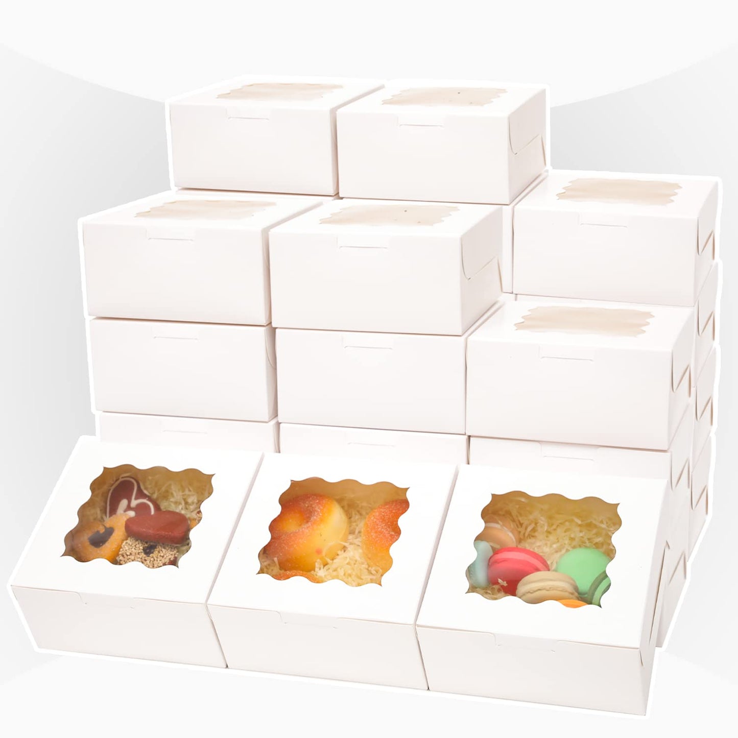 Bakepacker 60pcs White Bakery Boxes with Window 6x6x3 inches Thick & Sturdy Macaroon Pastry & Cookie Boxes