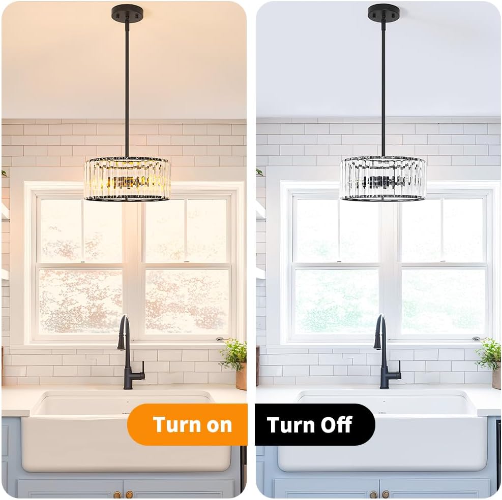 Black 3 Light Crystal Chandelier, Modern Dining Room Light Fixture over Table, Round Kitchen Lighting Fixture, Farmhouse Semi Flush Mount Ceiling Pendant Light for Living Room Bedroom Hallway Entryway