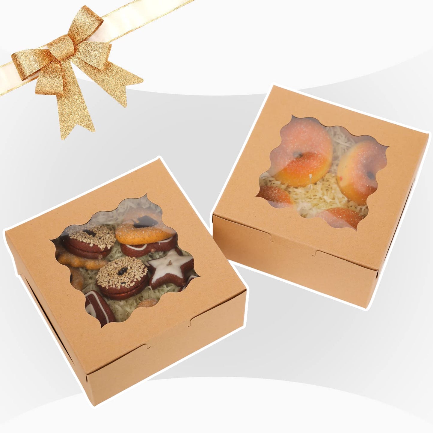 Bakepacker 60pcs Kraft Bakery Boxes with Window 6x6x3 inches Thick & Sturdy Macaroon Pastry Boxes Cookie Boxes for Bakerys