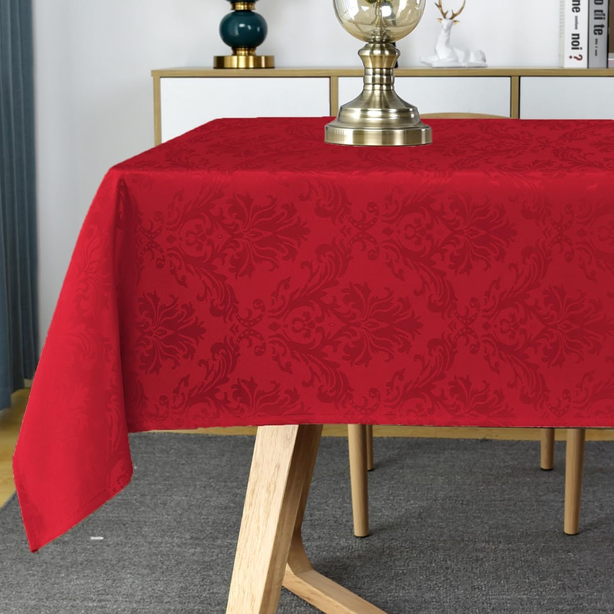 SASTYBALE Rectangle Jacquard Tablecloth, Damask Table Cloth SpillProof Wrinkle Resistant Tablecloths, Soft Polyester Oblong Table Cover for Kitchen, Dinner, Parties (Red, 60X102)