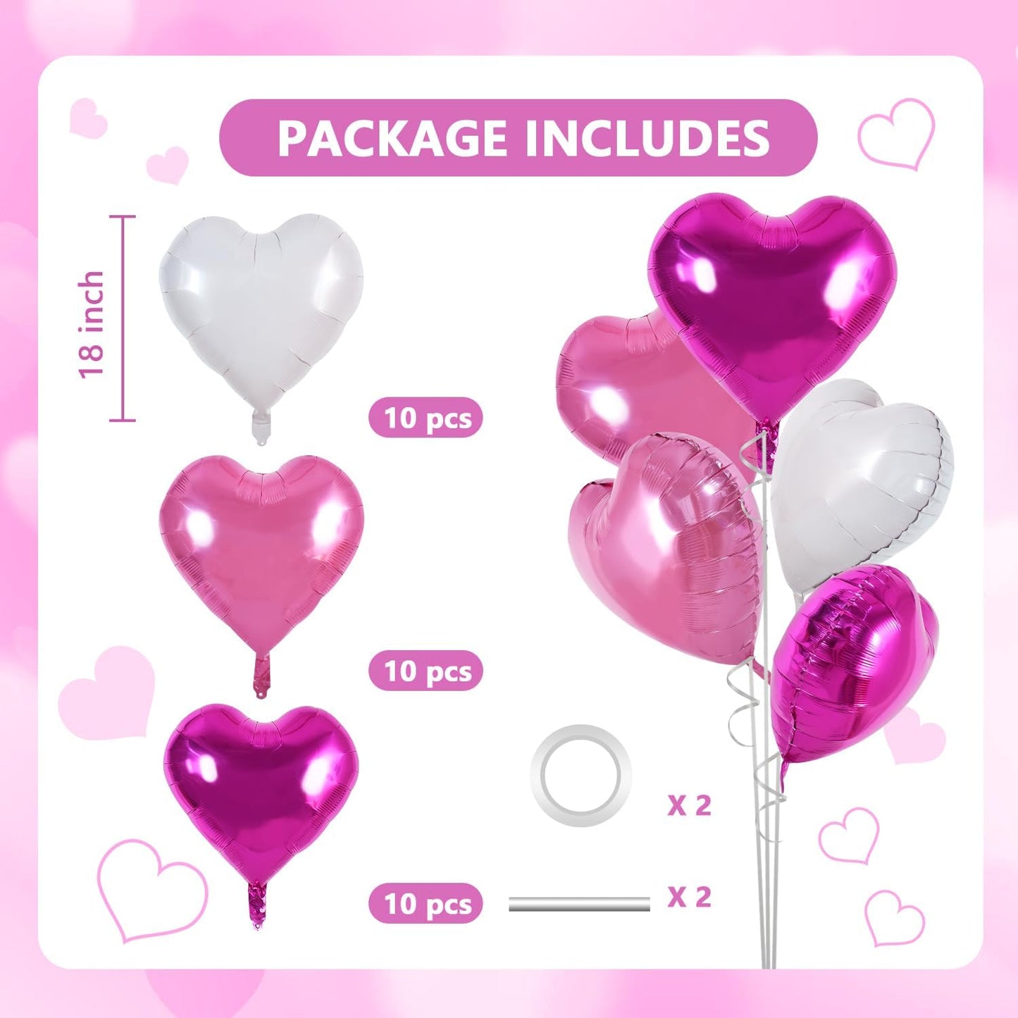TONIFUL 30Pcs 18 Inch Pink White Heart Balloons Hot Pink Heart Shape Foil Mylar Balloons Decoration for Birthday Valentine's Day Wedding Bridal Shower Anniversary Engagement Party Supplies