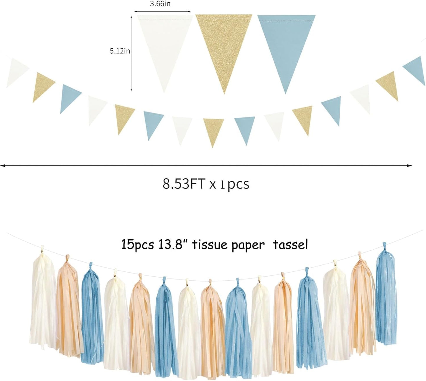 Light-Dusty Blue Beige-Champagne Boho Party Decorations - 23pcs Baby Bridal Shower Tissue Pom Poms Streamers,Women Girls Birthday Tassel Garland Banner,Bachelorette Wedding Decor Backdrop Ouruola