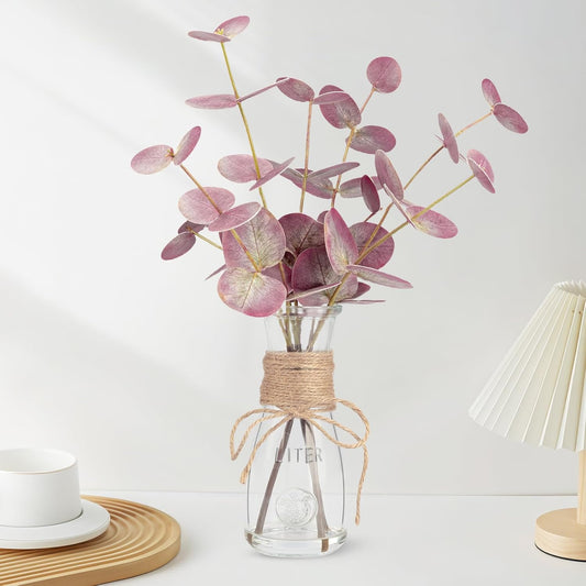Artificial Eucalyptus Stems in Glass Vase with Faux Water, 15" Small Bathroom Greenery with Double-Sided Red Leaves, Farmhouse Office Decor, Realistic Fake Plant Wedding Centerpiece
