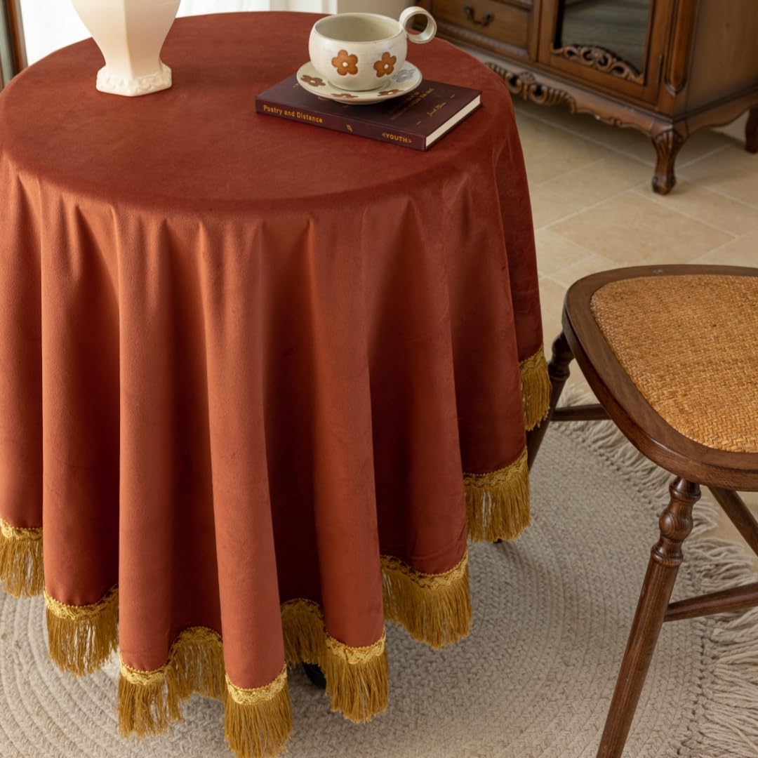 F-CHU Luxury Burnt Orange Tablecloth Thickset Velvet Tablecloth with Beautiful Gold Vintage Tassels Table Cloth for Home Decor Wedding, Party, Banquet and Events 60" Round