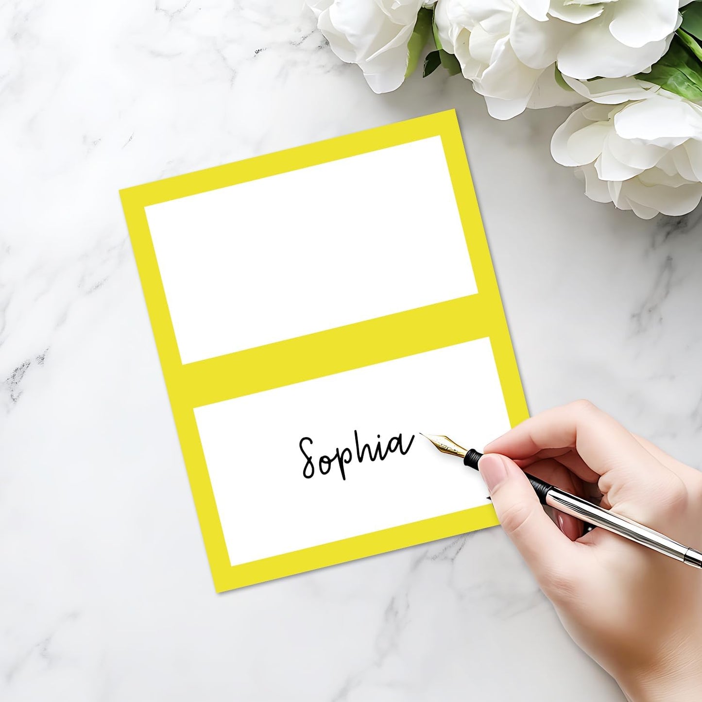 25 Pack Yellow Border Place Cards, Editable Name Cards for Table Setting, Tent Cards Food Label for Dinner Party, Bridal Shower, Wedding, Baby Shower and Events -T26