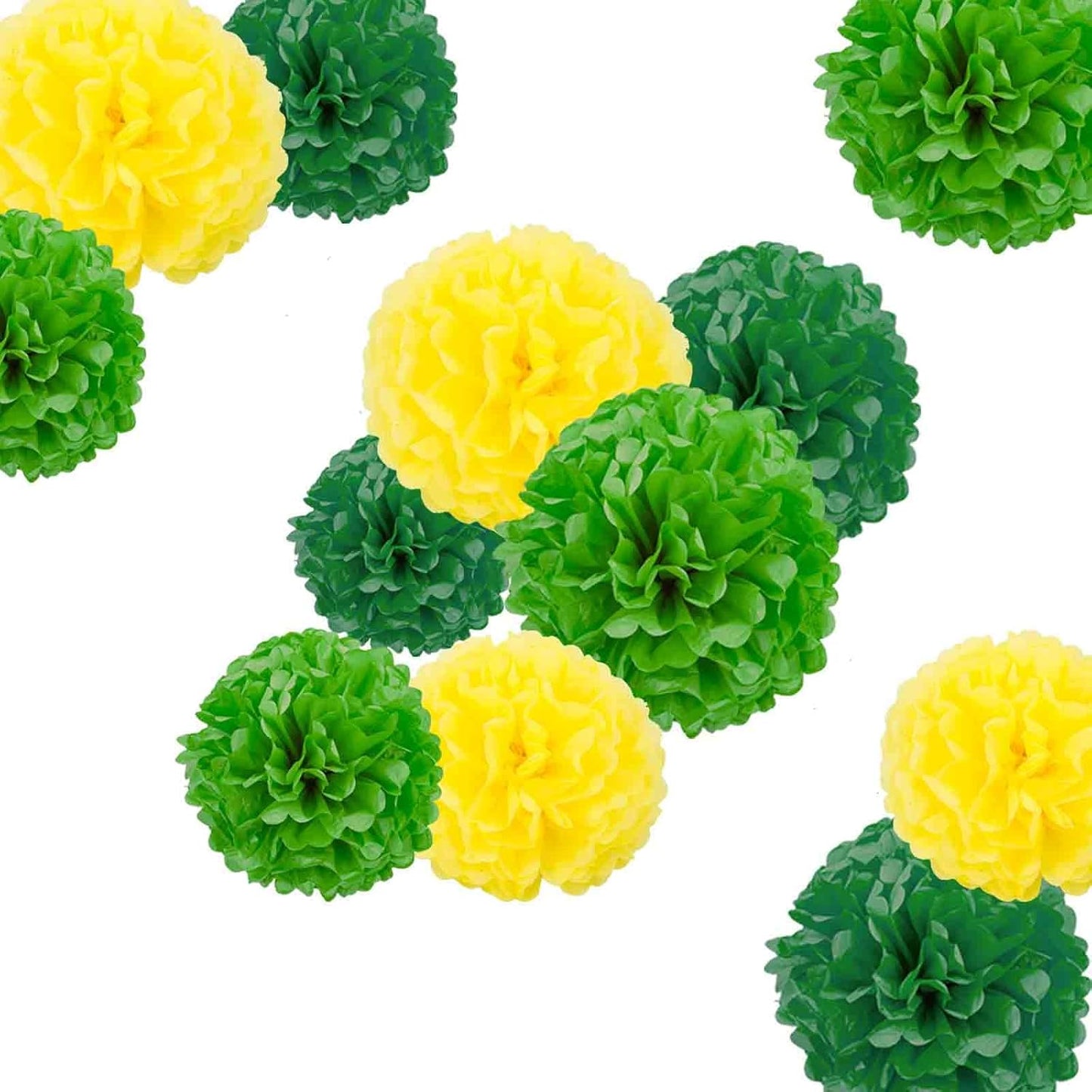 Dark Green and Light Green and Yellow Paper Pom Poms - Party Tissue Paper Flowers Balls - Party Hanging Decoration Supplies - Size of 10inch, 12inch, Pack of 12