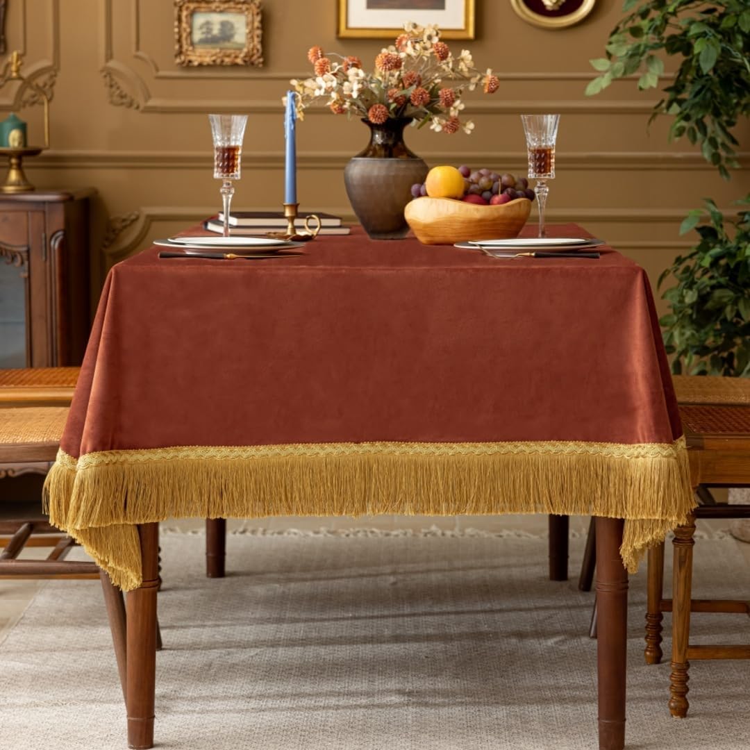F-CHU Luxury Burnt Orange Tablecloth Thickset Velvet Tablecloth with Beautiful Gold Tassels Table Cloth for Home Decor Wedding, Party, Banquet and Events 60x120-Inch