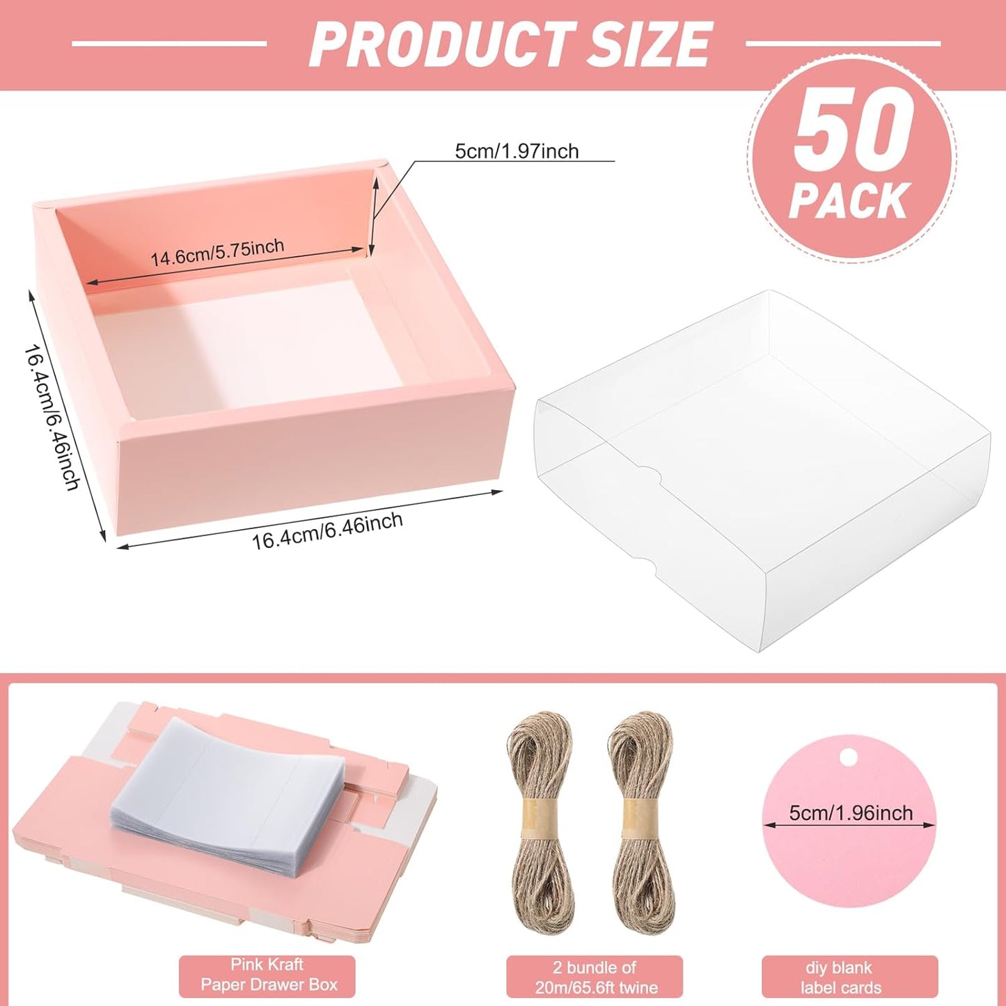 Roowest 50 Sets Kraft Soap Boxes Rectangle Packaging Box with Window Homemade Gift Box with Blank Tags and Jute String for Jewelry Candy Wrapping Party Favor(6.5 x 6.5 x 2 Inch,Pink)