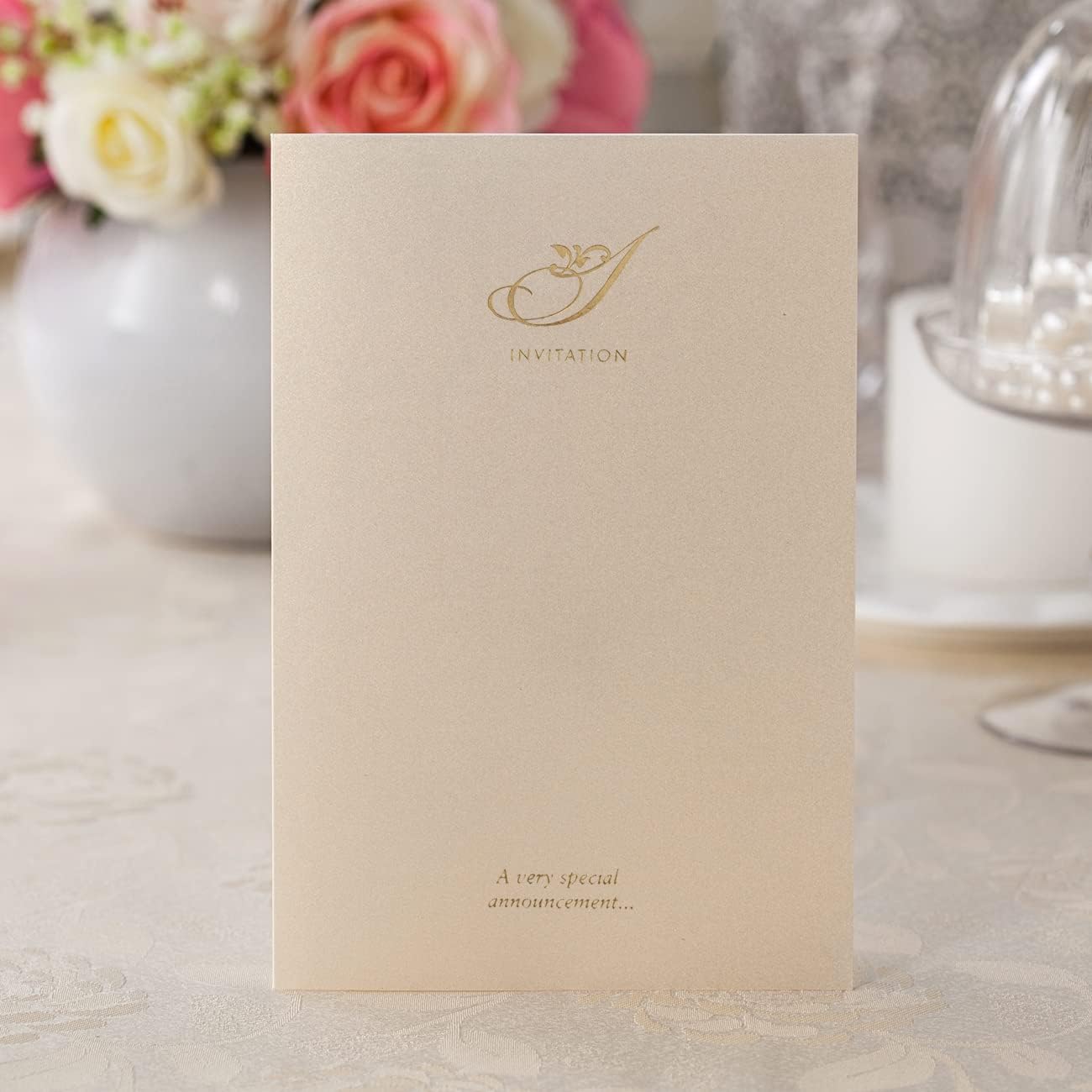 Hosmsua 5.12x7.2 50PCS Blank Wedding Invitations Kit Laser Cut light Gold Hollow Foil Flora Lace Sleeve Pocket with Envelopes for Quinceanera Wedding Invitation