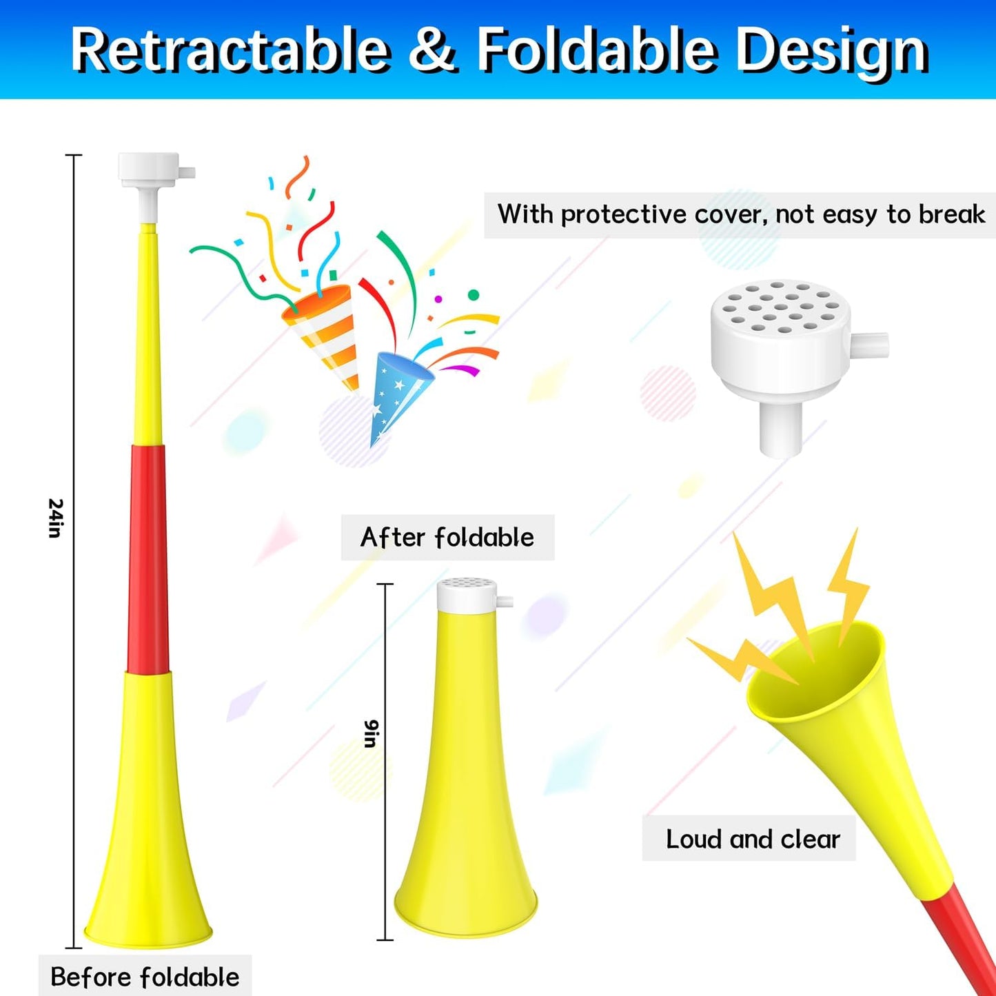 Collapsible Stadium Horn Noise Maker 24 Inch VuvuzelaPlastic Trumpet Blow Horns Noisemakers for Sporting Events Graduation Games School Sports Party Supplies Favors Accessories