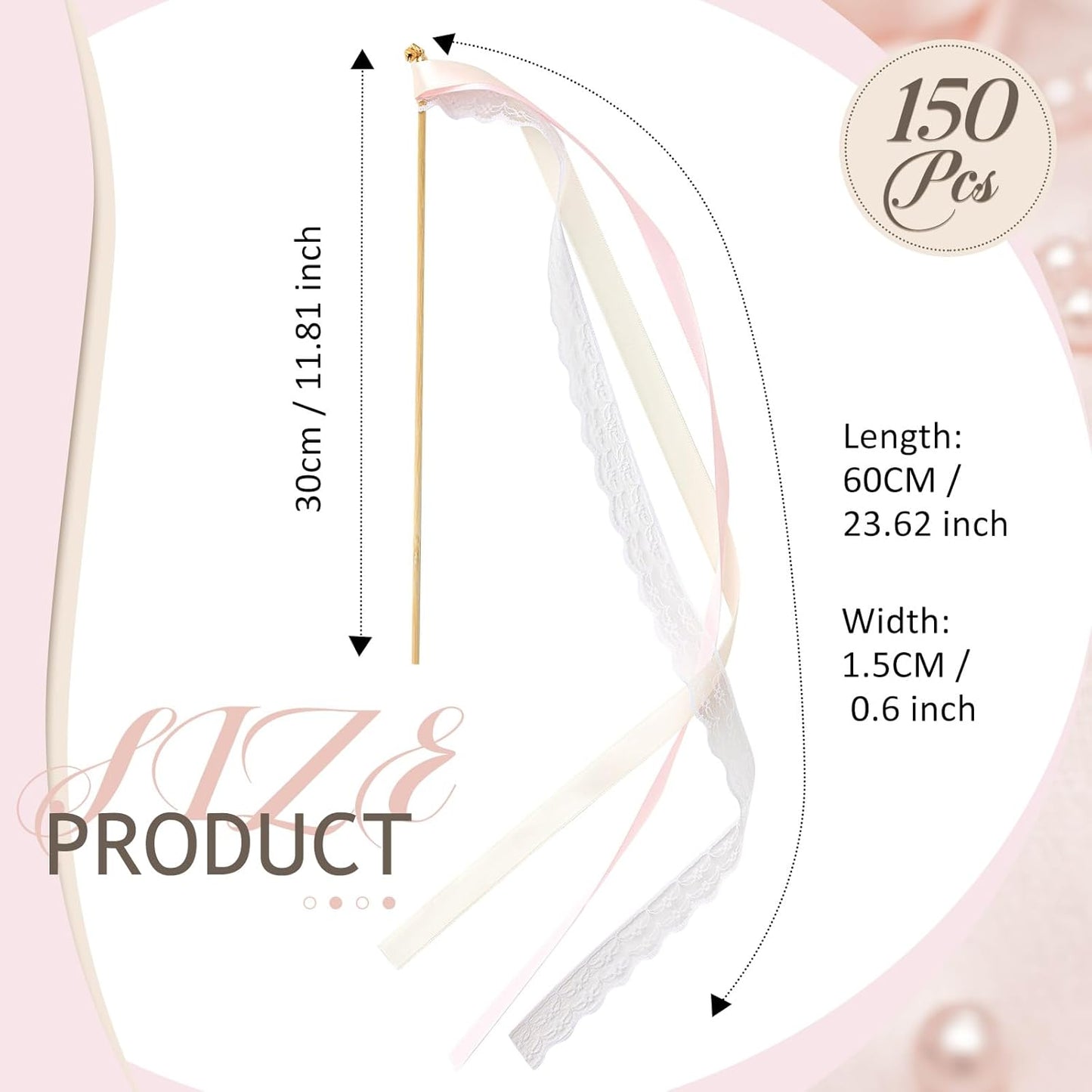 Taiyin 150 Pcs Lace Ribbon Stick Wands Wedding Wand Streamers with Bell Silk Ribbon Fairy Wand Wedding Send Off Streamer for Baby Shower Holiday Party Favors (Pink,Beige)