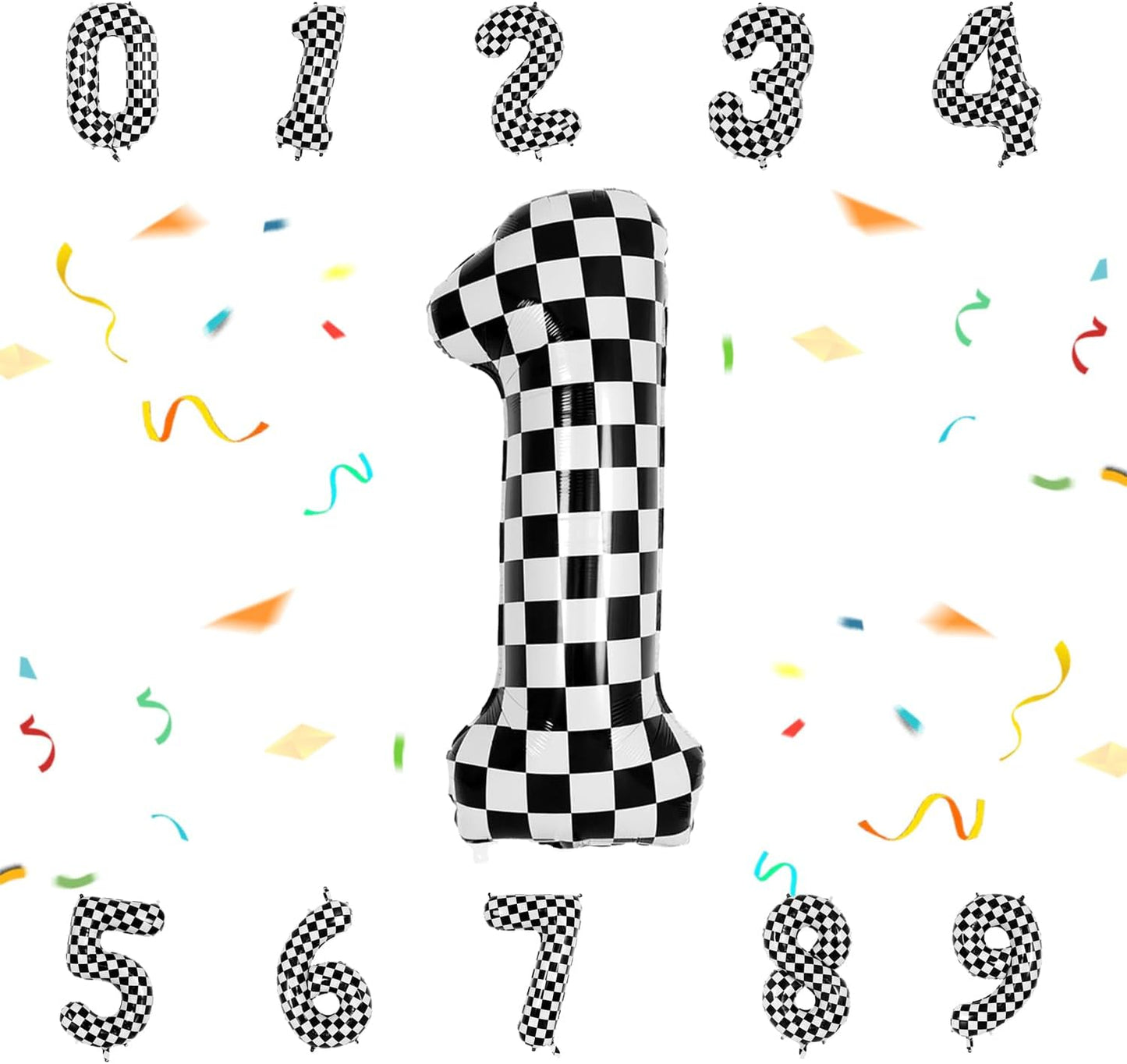 40 Inch Checkered Number Balloon - Race Flag Pattern Big Helium Balloon for Birthday Party Decorations - Black & White Balloon for Kids Adults Party Supplies (Racing Car, Number 1)