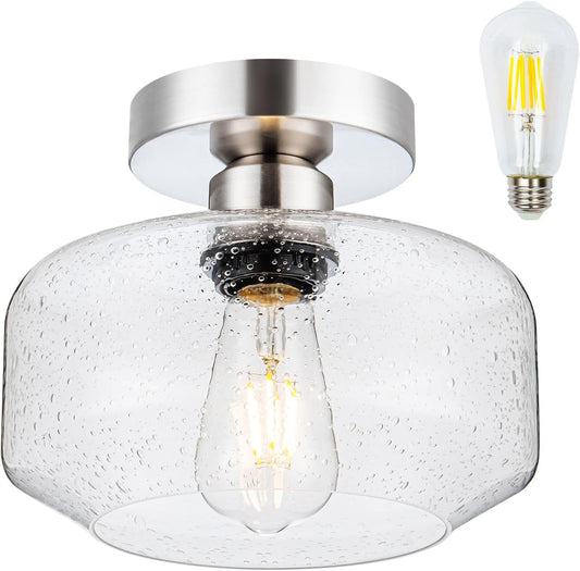 Semi Flush Mount Ceiling Light, Vintage Style - Clear Seeded Glass & Brushed Nickel with 900 Lumens LED Bulb Included, Suitable for Kitchen, Bathroom, Hallway, Bedroom, Entryway