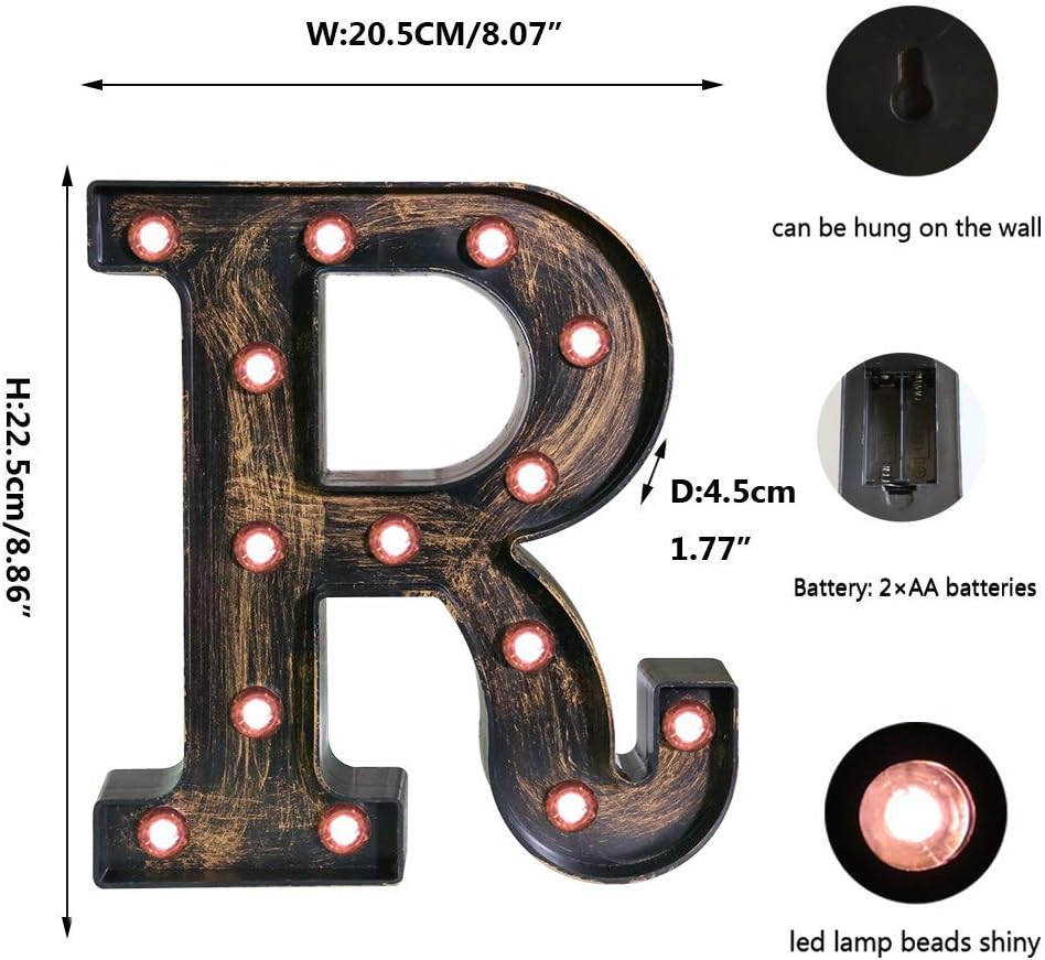 OYCBUZO Golden Black Led Marquee Letter - Industrial, Vintage Style Light Up Alphabet Letter Sign for Cafe Wedding Birthday Party Christmas Lamp Home Bar Initials Decor - R