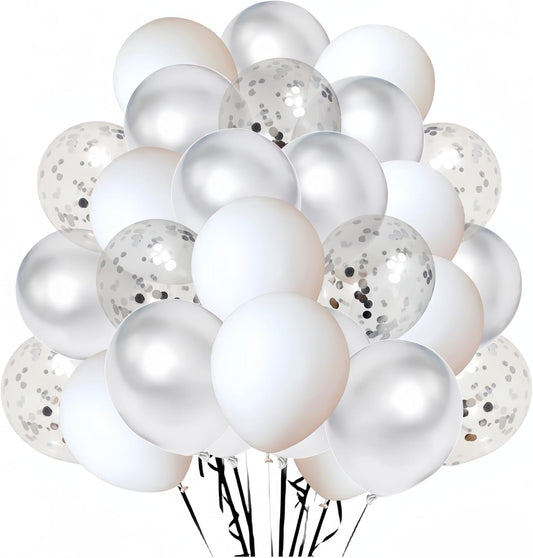 300 Pack White and Silver Balloons 12 Inch Silver Confetti Balloon for Various Party Events Decorations