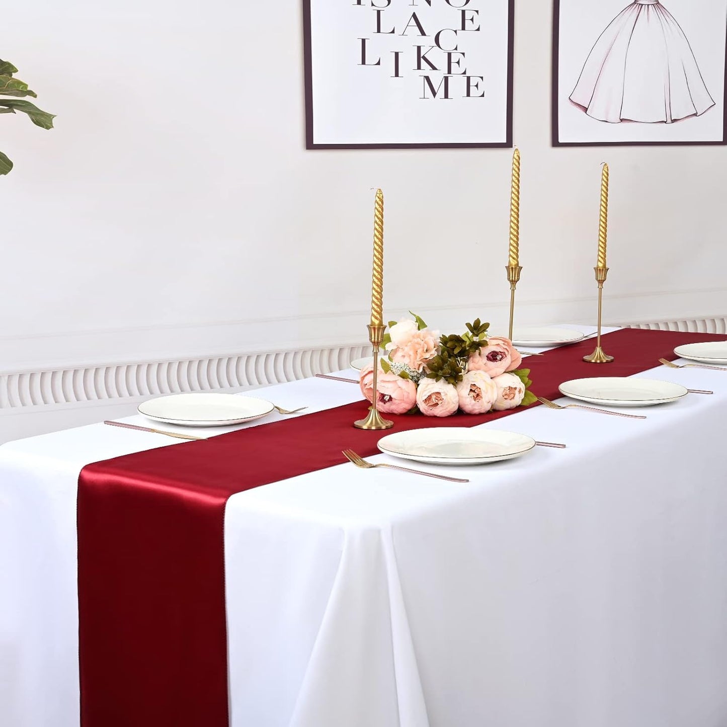 20 Pack Burgundy Satin Table Runner,12 x 108 inch Long Premium Smooth Burgundy Table Runners for Wedding, Banquets, Birthday, Party, Engagements,Table Runners fit Rectangle and Round Table