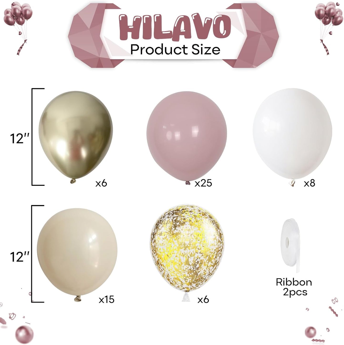 Dusty Pink and Gold Balloons Set, 60Pcs 12 Inch Retro Blush Pink White Sand Beige Metallic Gold Latex Balloon with Gold Confetti Boho Balloon for Birthday Baby Bridal Shower Wedding Party Decorations