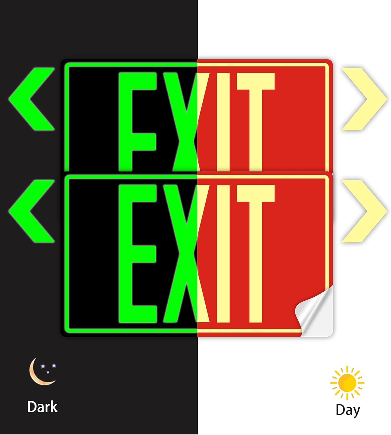 2Pack Photoluminescent Exit Sign Sticker, Glow In The Dark EXIT Signs, 12"x 7" EXIT Signs with Self-Adhesive Backing, Includes 4pcs Removable Arrows