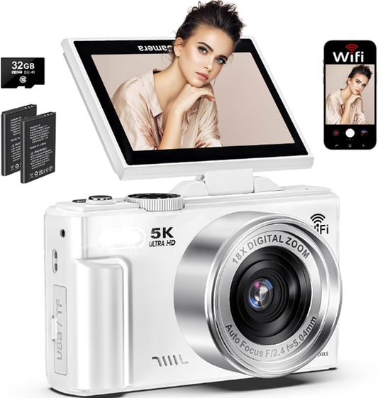 5K Digital Camera for Photography, 75MP WiFi Vlogging Camera for YouTube with 3" 180° Flip Screen, 18X Zoom UHD Autofocus Video Camara with 32GB SD Card