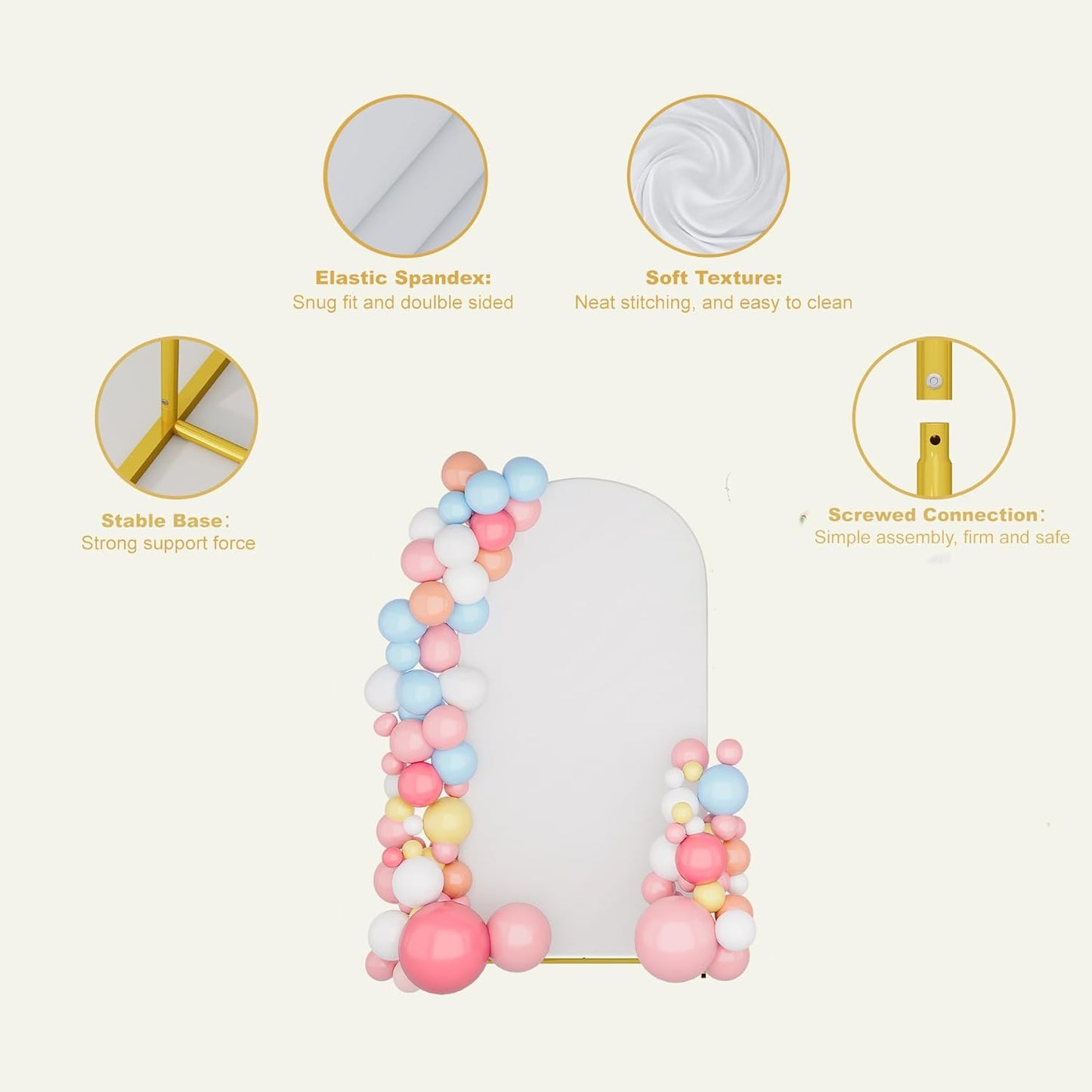 UDEAR 6.6FT Metal Arch Stand with White Cover, Arc Design with Fitted Cover, for Weddings, Parties, Baby Showers, Climbing Plants, Photo Backdrops