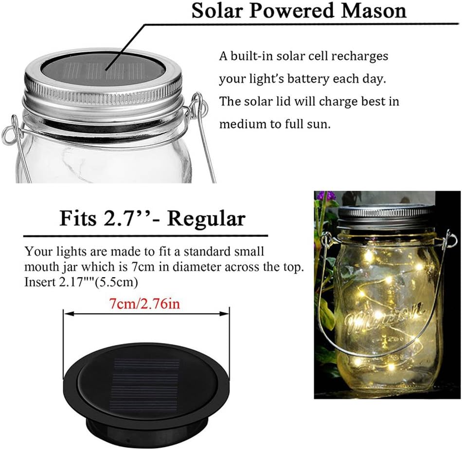6 Pack Mason Jar Lights, 10 LED Solar Warm White Fairy String Lights Lids Insert for Garden Deck Patio Party Wedding Christmas Decorative Lighting Fit for Regular Mouth Jars