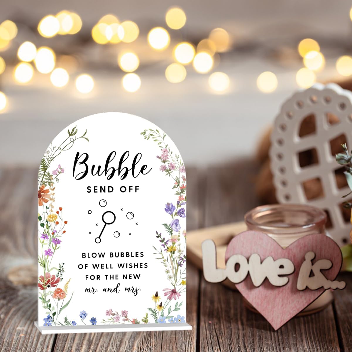 Acrylic Wedding Signs, Bubble Send Off Signs for Marriage Reception, Bridal Shower Decorations, Modern Arched Round Top Acrylic Table Top Sign with Holder for Wedding Party Dinner (White Wildflowers)