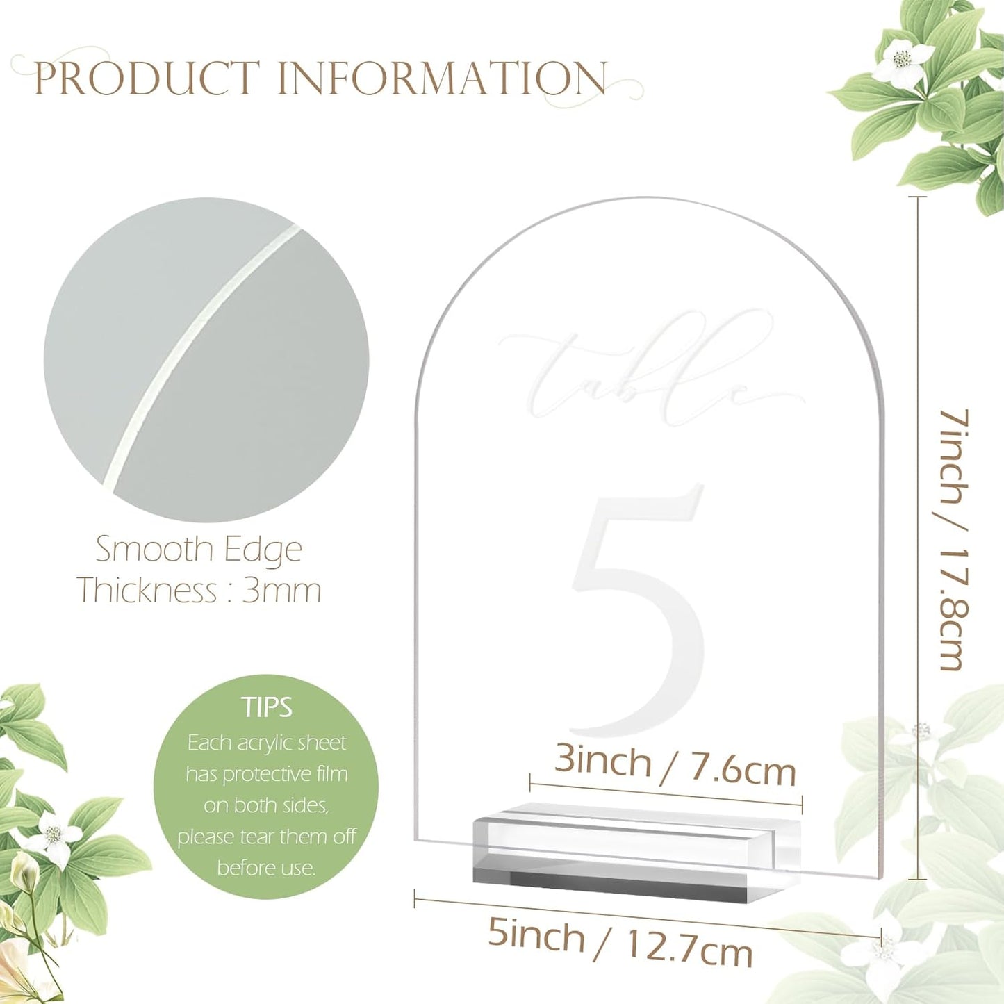 JINMURY Frosted Arch Table Numbers for Wedding, 5x7 Inch Arched Acrylic Table Numbers 1-20 with Stands, Frosted Acrylic Arch Sign with Holder for Centerpiece, Reception, Wedding, Party, Event