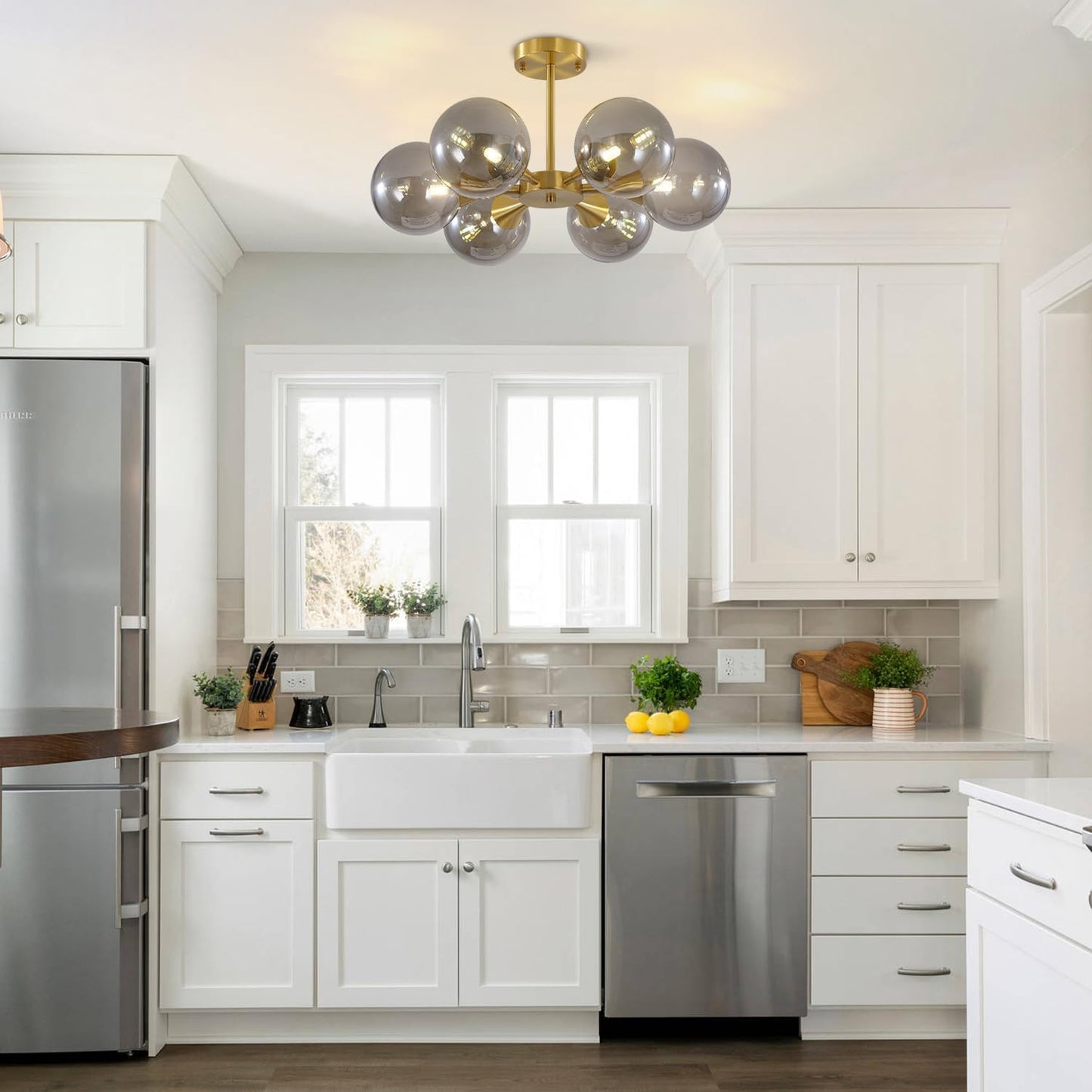 KCO 6-Lights Mid Century Modern Globe Ceiling Light Gold Sputnik Chandelier Smoke Gray Glass, Home Office