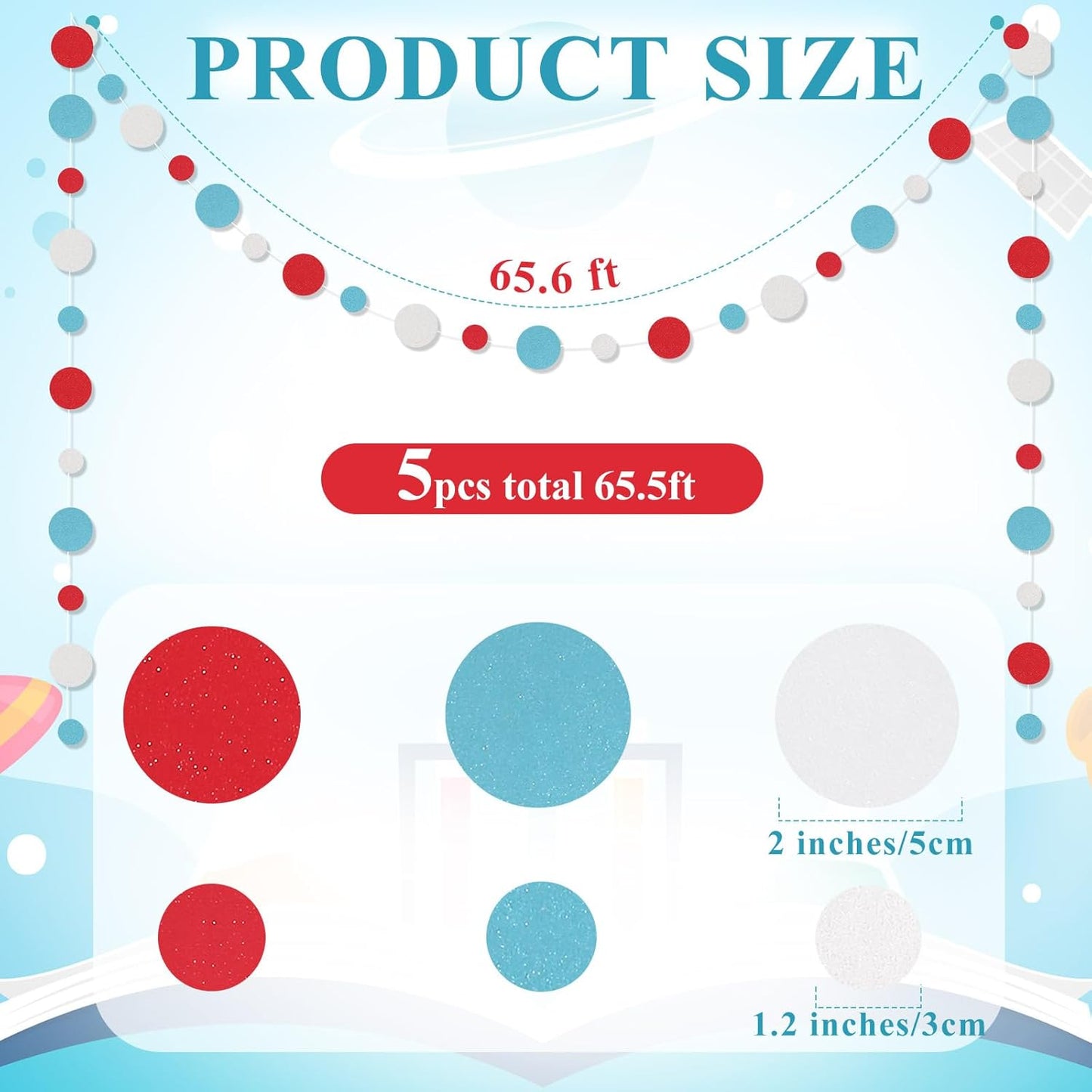 Outus 5 Pieces Colorful Dots Paper Garland Round Glitter Garland Hanging Confetti Streamers Backdrop for Candy Birthday Classroom Halloween Trunk or Treat Car Decoration (Light Blue,White,Red)