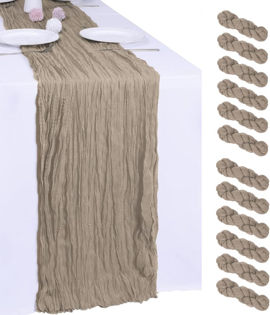 12Pcs Khaki Cheesecloth Table Runner 120 Inch10FT Nude Rustic Boho Cheesecloth Table Runnerfor Wedding Party Baby Shower Birthday Home Decor Holiday Decorations