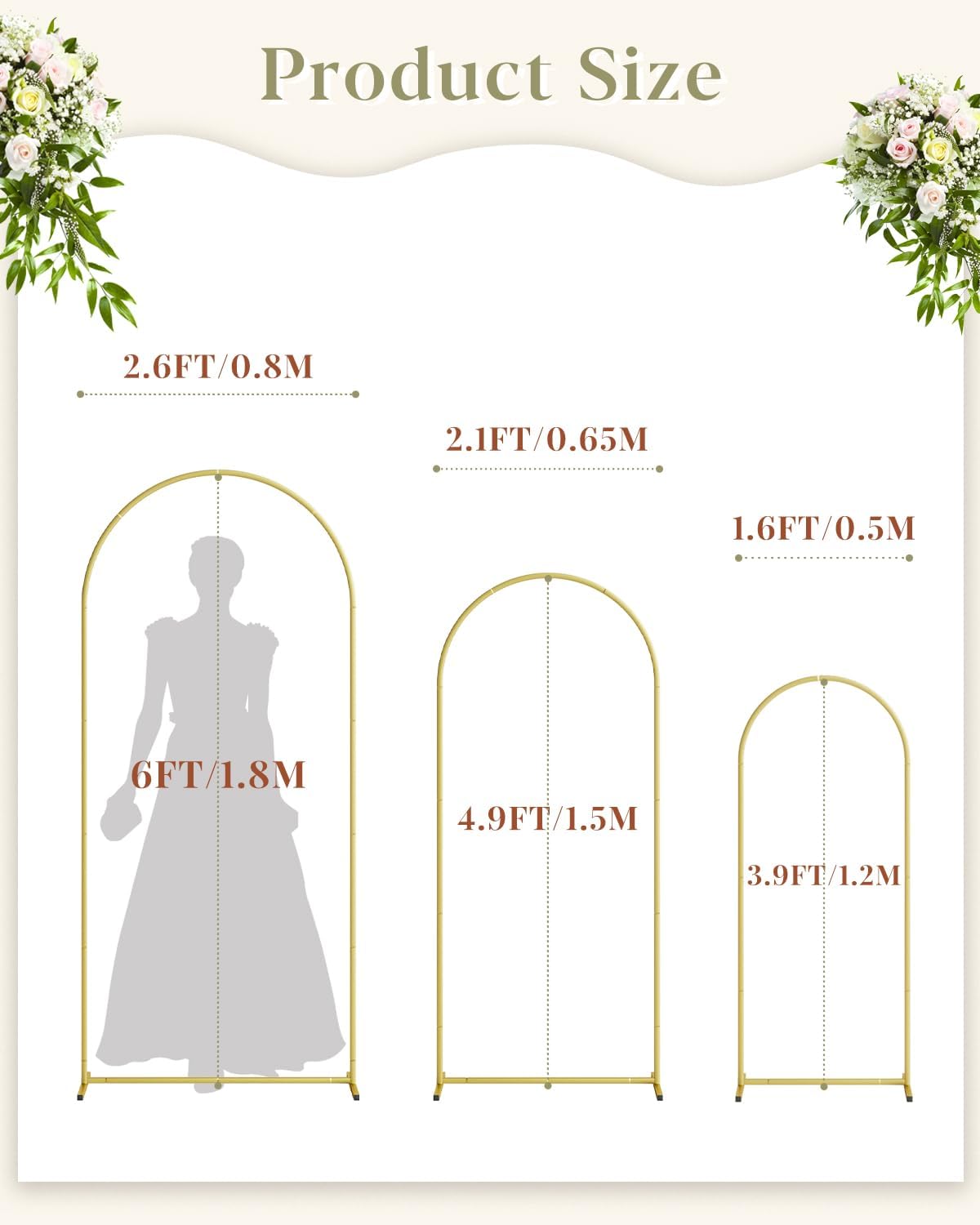 Wedding Arch Set of 3, Gold Metal Arch Backdrop Stand, Balloon Arch Stand Wedding Arch Frame for Ceremony Decoration (Gold, 6FT, 5FT, 4FT Backdrop)