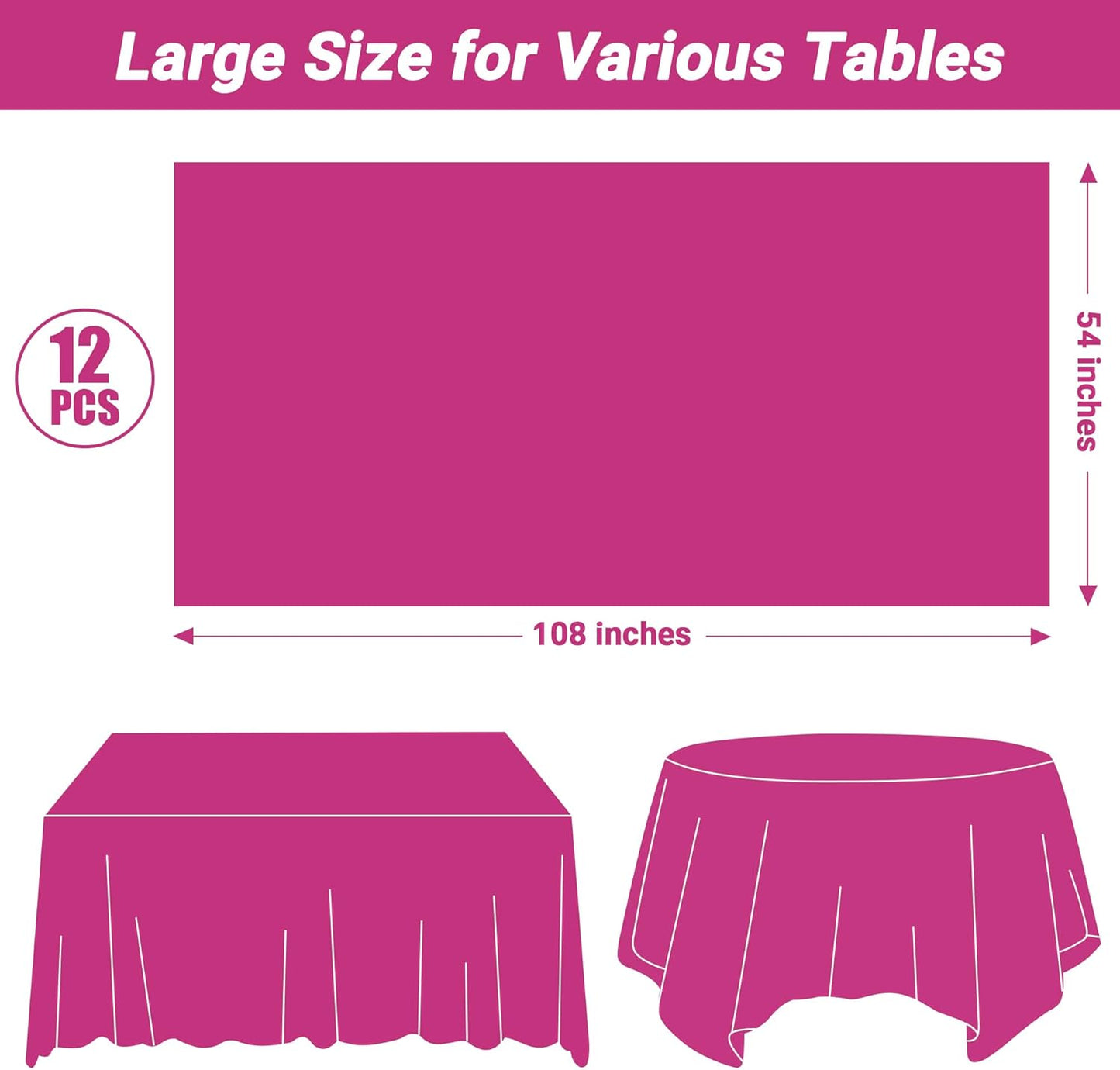 12 PCS Rose Red Disposable Tablecloth, Rectangle Plastic Table Cover, Elegant Smooth Table Cloth, 54 X 108 IN Hot Red Disposable Tablecloth for Birthday Parties, Weddings, Picnics, and Outdoor Events