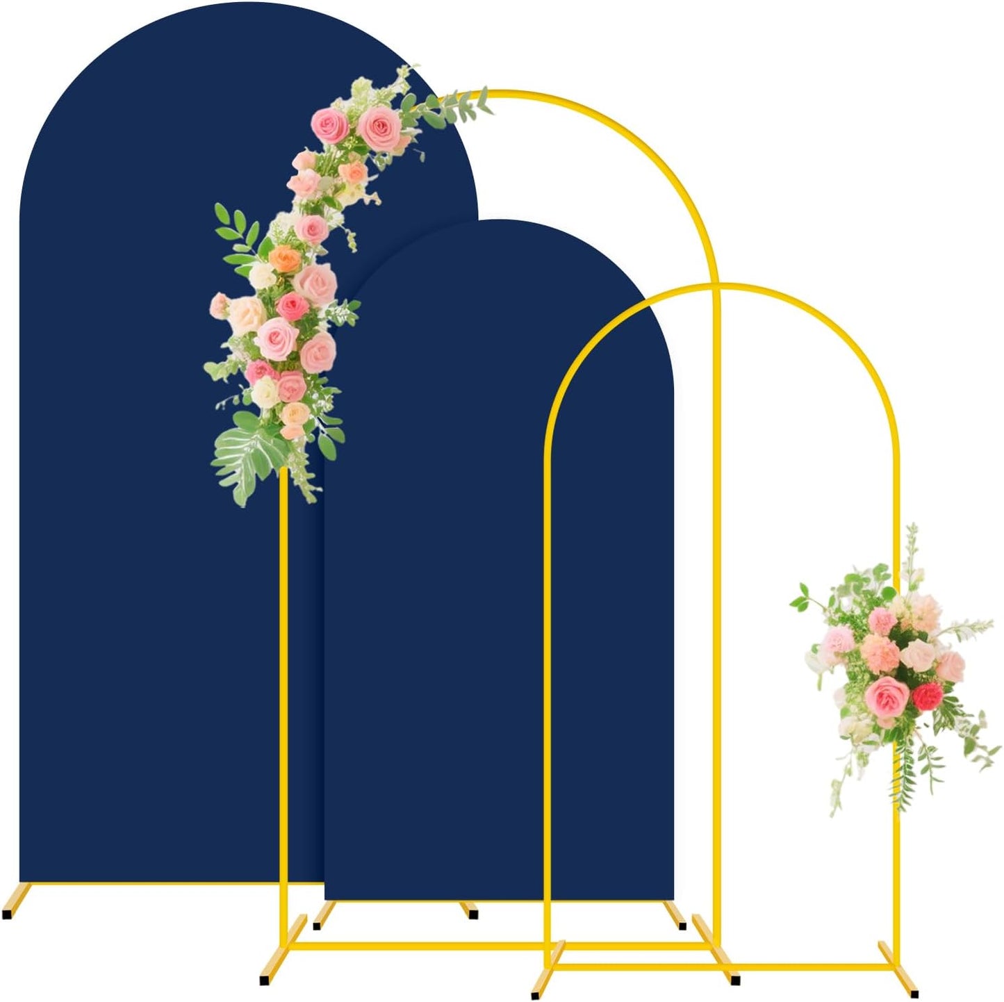 FUHSY Set of 2 Metal Backdrop Stand with Wedding Arch Cover Spandex 7.2FT, 6FT Balloon Party Backdrops Arch Stand Navy Blue Arched Backdrop Cover for Baby Shower Birthday Ceremony Banquet Event Decor