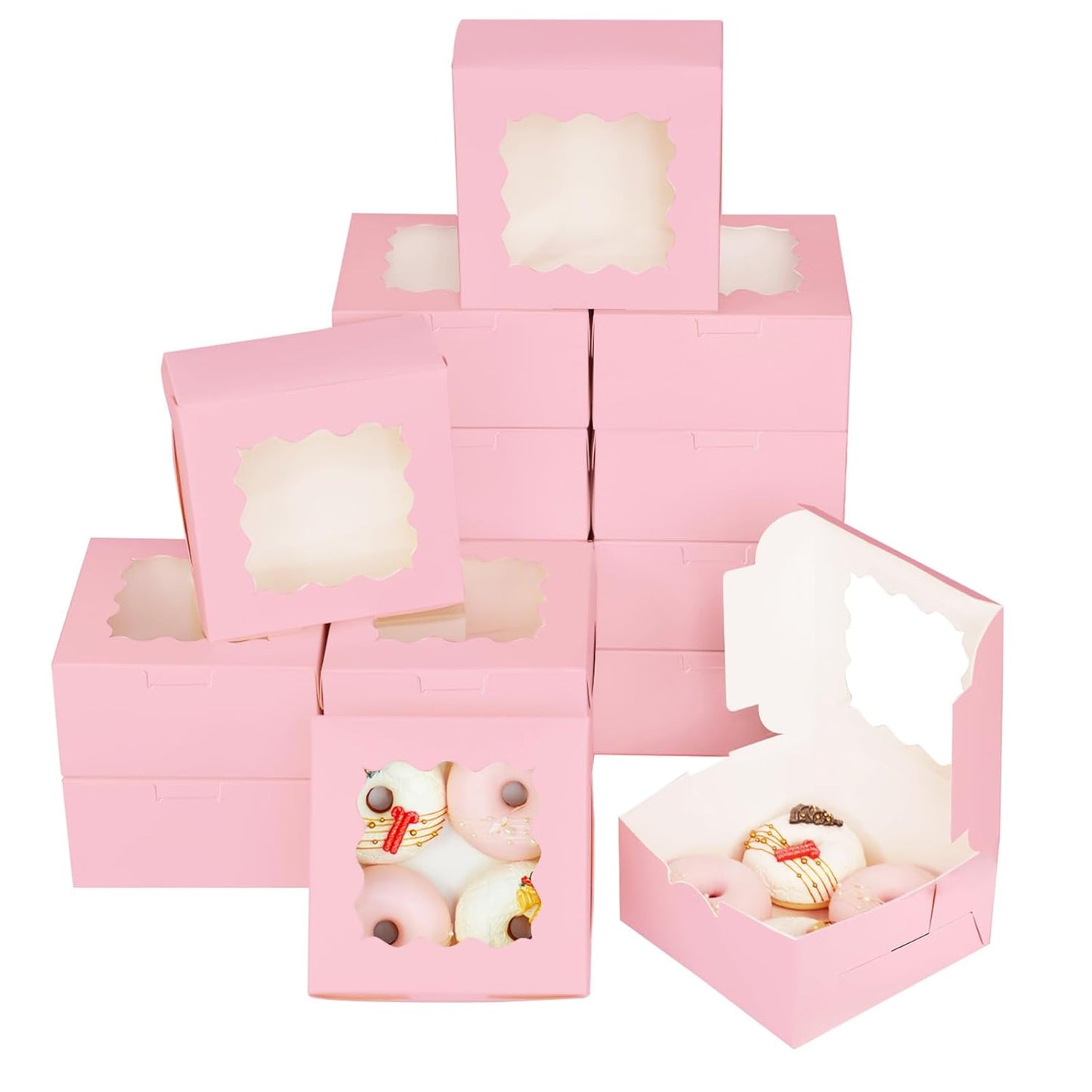 Bakepacker 100pcs Pink Cookie Boxes 6x6x3 inches Easy Assemble Macaroon Pastry Boxes Bakery Boxes with Window for Bakery