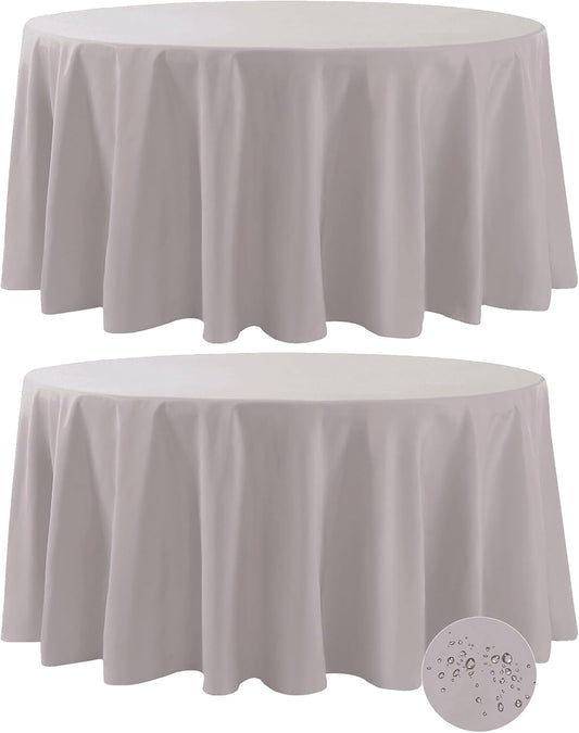 Fokitut 2 Pack Waterproof Round Tablecloth, 108 Inch, Stain Resistant and Wrinkle Polyester Table Cloth, Fabric Table Cover for Kitchen Dining, Wedding, Party, Holiday Dinner-Silver