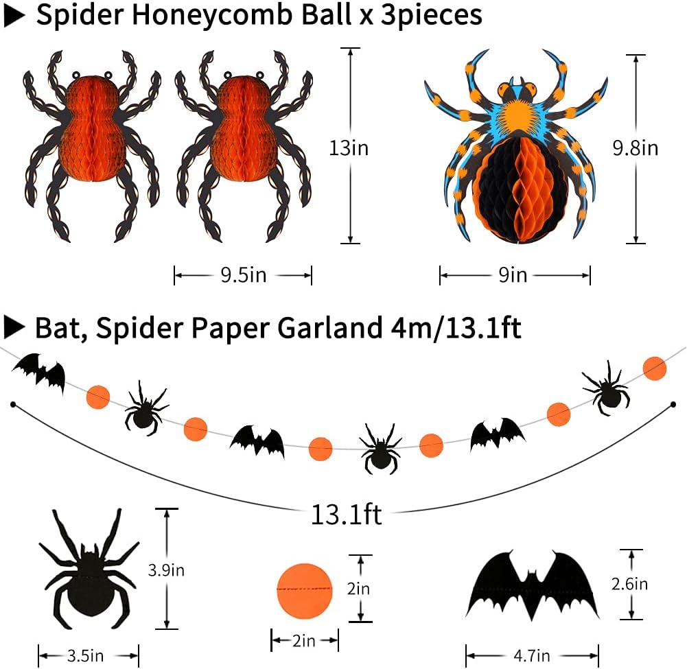 Halloween Party Decorations, Hanging Spider Bat Paper Lanterns Spiders Honeycomb for Halloween Home Decor Birthday Party Supplies Props (Orange, Black)