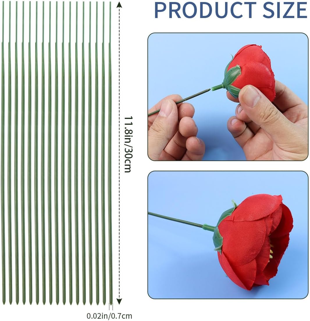 Green Floral Stems - 100pcs Plastic Flower Rods for Bouquets and Arrangements, Ideal for Crafts and Florists (30CM /12in)