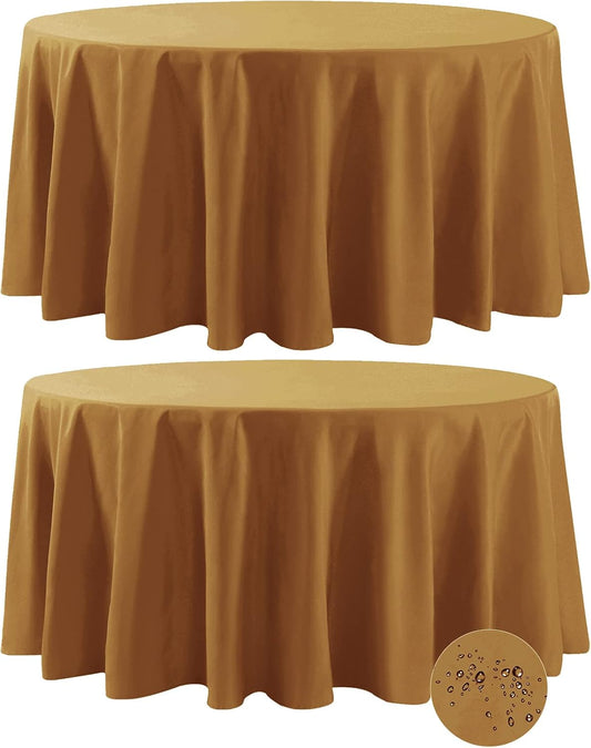 Fokitut 2 Pack Waterproof Round Tablecloth, 120 Inch, Stain Resistant and Wrinkle Polyester Table Cloth, Fabric Table Cover for Kitchen Dining, Wedding, Party, Holiday Dinner-Gold