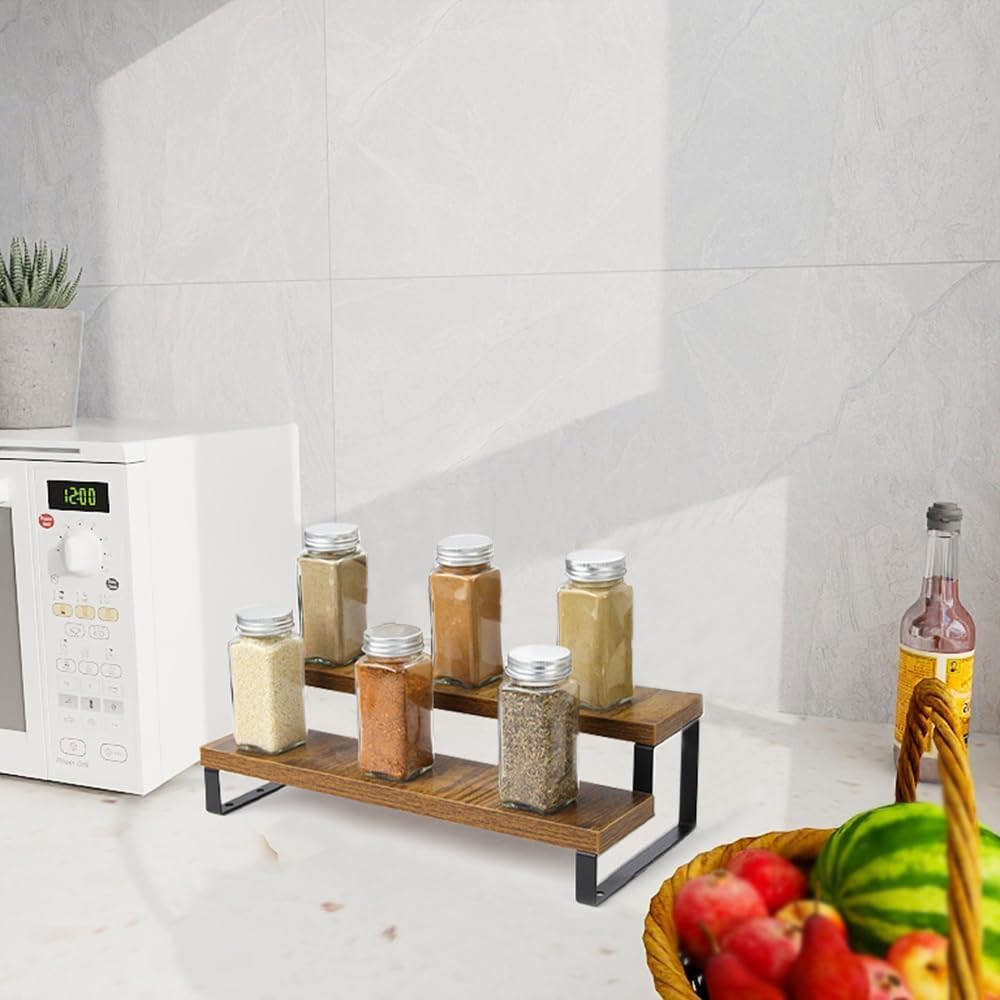 4-Tier Wooden Display Riser Shelf Stand for, Makeup, Cupcake, Condiment & Dolls Collection Home Decor Organizer, Expandable for Pantry/Counter (Brown, 2-Tier)